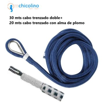 Cabo fondeo poliéster trenzado y plomado.10mm/ 50 mts- (20 mts alma de plomo)